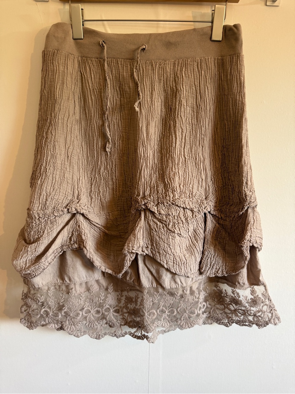 Fa Trend Italy Lagenlook Layered Silk Cotton Lace Midi Skirt Taupe Size L